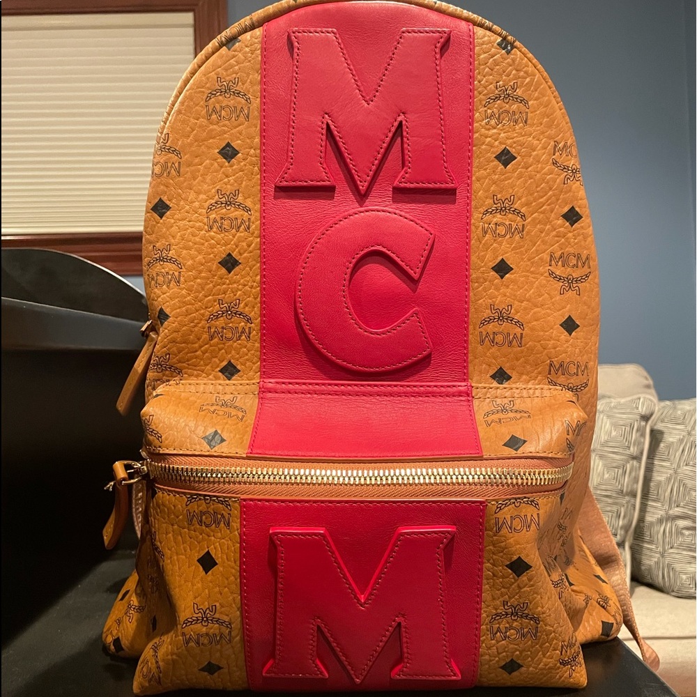 MCM Stark Stripe Visetos Cognac/Red Brown Coated Canvas Backpack